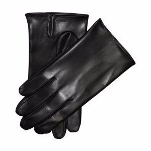 A pair of black leather gloves. The gloves are folded over each other, with the fingertips of one glove extending past the cuff of the other.