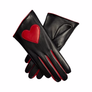 A pair of black leather gloves with a red heart design on the back of one glove. The gloves have a red trim around the edges.