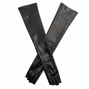 A pair of unadorned, extra-long, opera-length black leather gloves are crossed in an 'X'