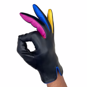 Black leather glove with fingers in magenta, blue, and yellow. The glove has a blue trim at the wrist. A tag with the text "High Quality Leather Gloves" and a hand pointing is attached with a red ribbon.