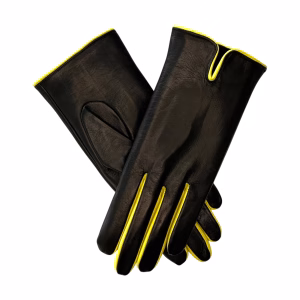 A pair of black leather gloves with a yellow trim. The gloves are folded in half and the fingertips are visible.