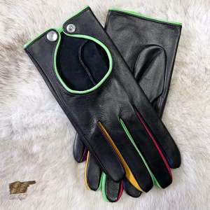 Unisex Italian Leather Driving Gloves | Multicolor Stitching, Black Base | Handmade Portugal (Cordelia)