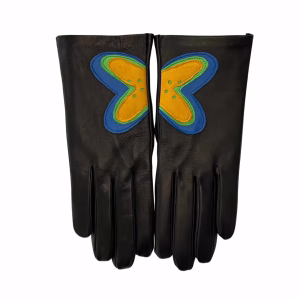 A pair of women's black Italian aniline leather gloves displayed vertically on a white background, featuring a vibrant multi-layered leather butterfly design in blue, green, and yellow across both hands.