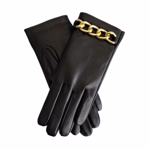 A pair of women's black Italian aniline leather gloves displayed on a white background. Each glove features a sophisticated gold-toned padlock charm attached to a leather strap on the back of the hand.