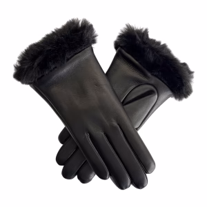 A pair of women's black Italian aniline leather gloves arranged in a cross shape on a white background, showcasing the smooth leather finish and soft black faux fur cuffs.