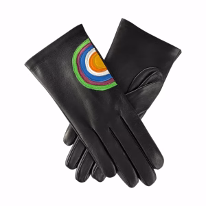 A pair of women's black Italian aniline leather gloves displayed on a white background. Each glove features a vibrant, hand-stitched rainbow arch on the back of the hand, consisting of blue, red, orange, green, yellow, white, and bordeaux stripes.