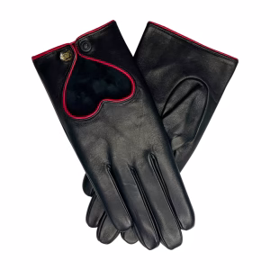 A pair of women's black leather driving gloves on a white background. One glove is shown from the back, featuring a heart-shaped cutout with a vibrant red leather trim and a gold press-stud button.